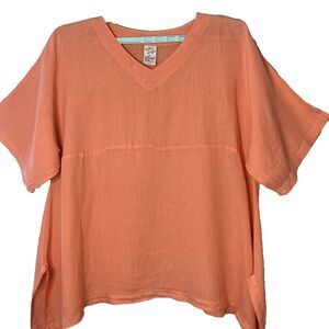 Match Point 100% Linen Top Women's Sz M Coral Orange Boho Lagenlook Artsy Tunic